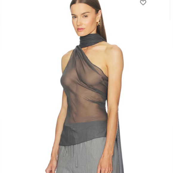 L'Academie One-Shoulder Sheer Scarf Neck Top in Charcoal - Picture 2 of 6